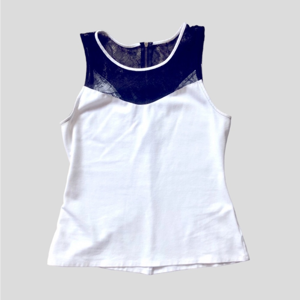 EXPRESS Sleeveless Blouse White Top Black Lace Size M